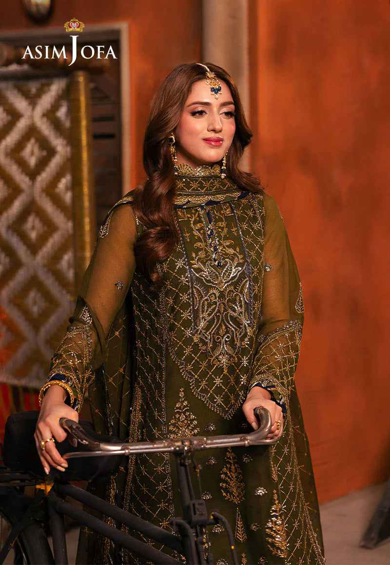 Asim Jofa | Olive Green Chiffon Embroidered Suit