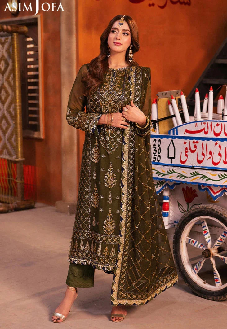 Asim Jofa | Olive Green Chiffon Embroidered Suit