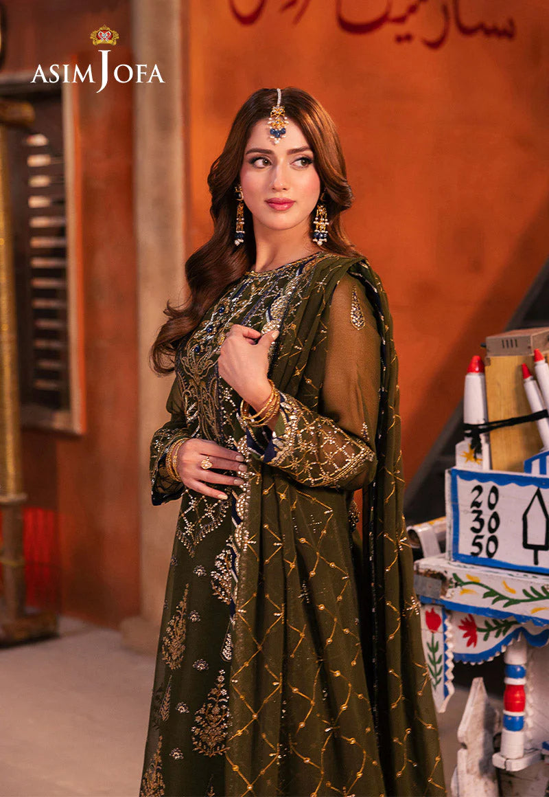 Asim Jofa | Olive Green Chiffon Embroidered Suit