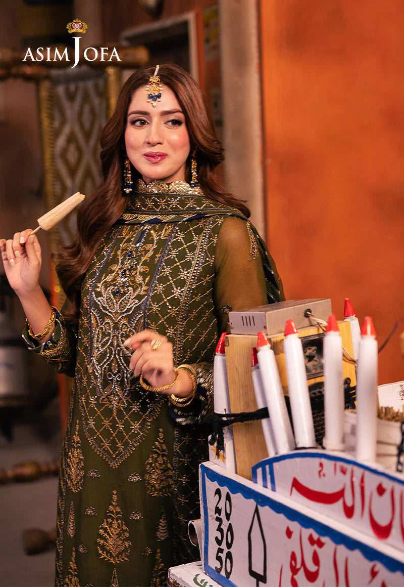 Asim Jofa | Olive Green Chiffon Embroidered Suit