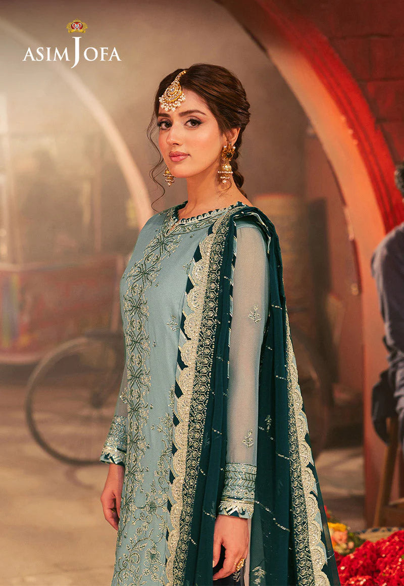 Asim Jofa | Aqua Embroidered Chiffon Suit