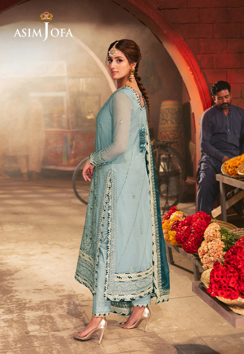 Asim Jofa | Aqua Embroidered Chiffon Suit