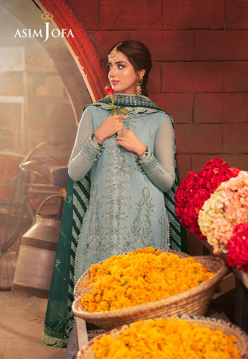 Asim Jofa | Aqua Embroidered Chiffon Suit