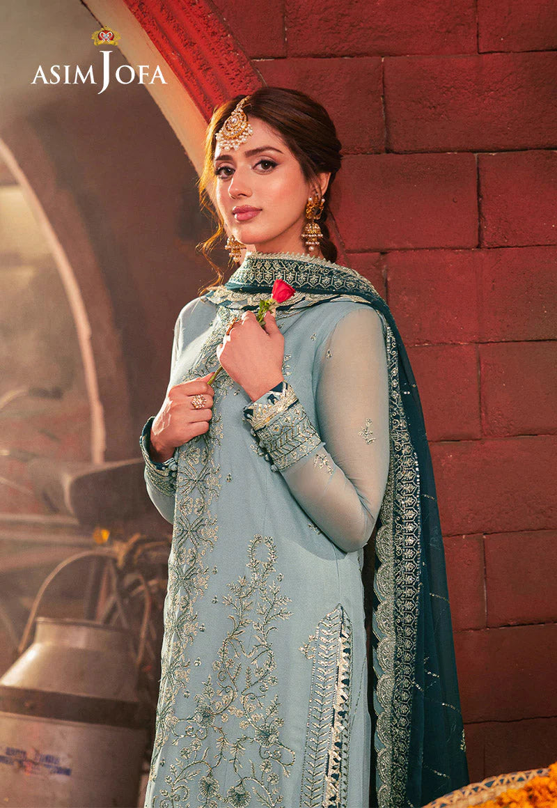 Asim Jofa | Aqua Embroidered Chiffon Suit