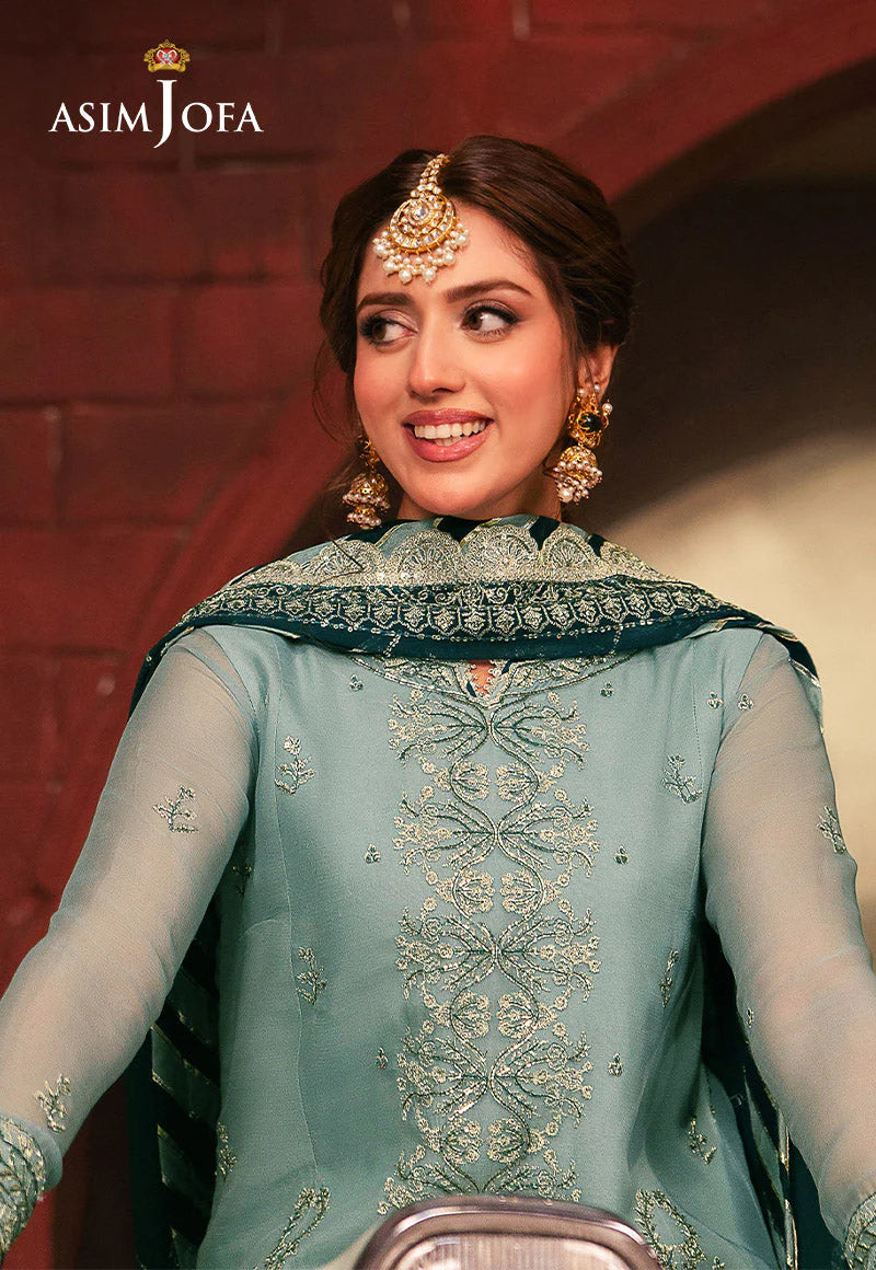Asim Jofa | Aqua Embroidered Chiffon Suit