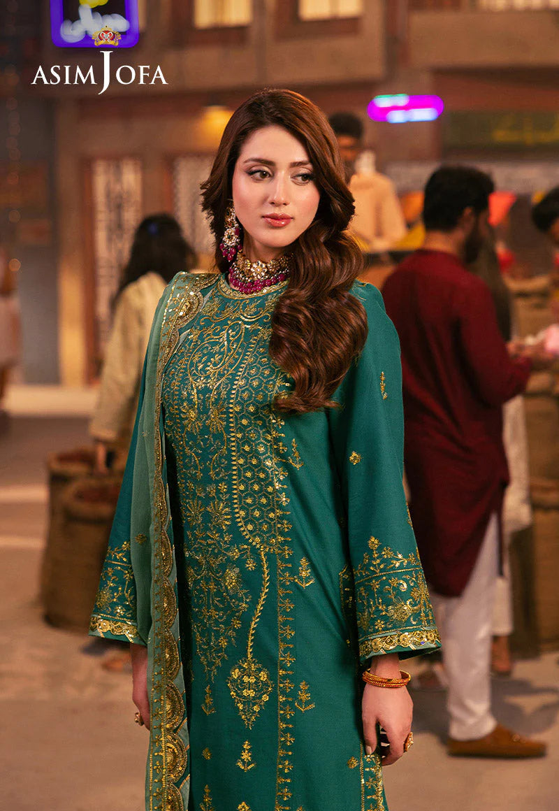 Asim Jofa | Emerald Green Embroidered Silk Suit