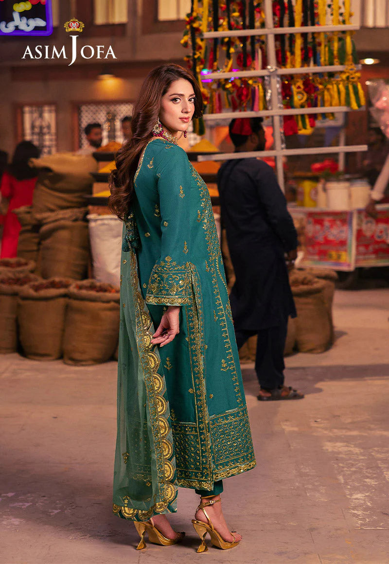 Asim Jofa | Emerald Green Embroidered Silk Suit