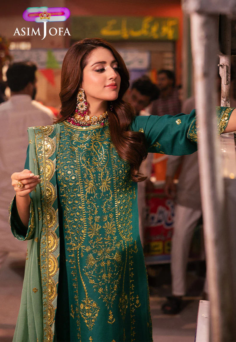 Asim Jofa | Emerald Green Embroidered Silk Suit