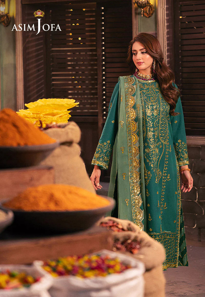 Asim Jofa | Emerald Green Embroidered Silk Suit