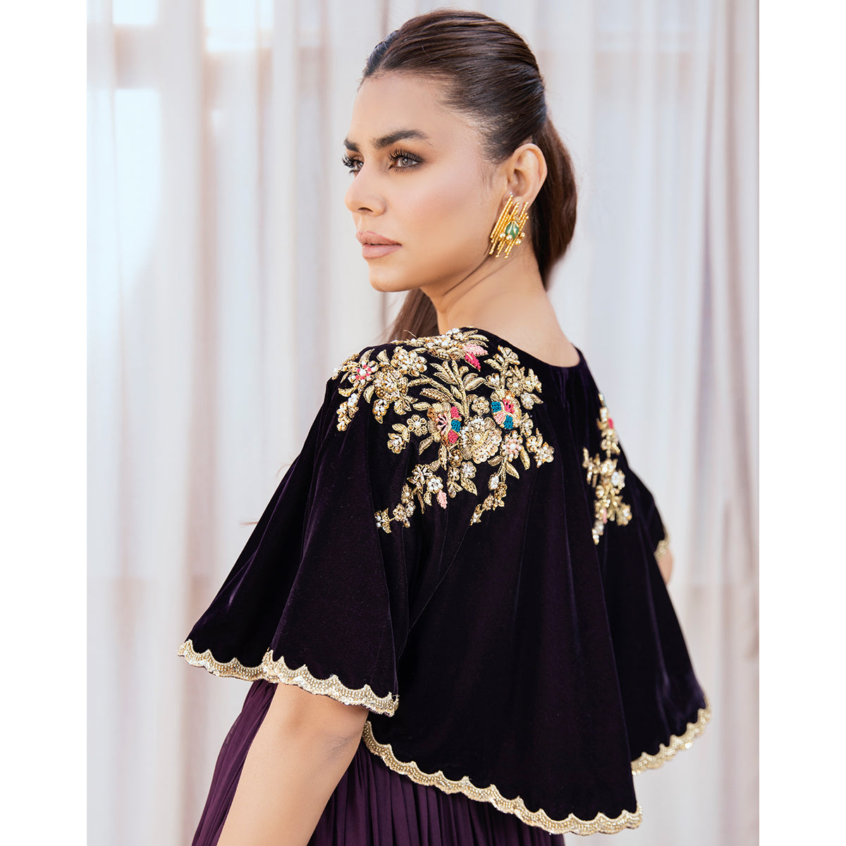 AYLA | Chiffon Pishwas Embellished French Velvet Cape