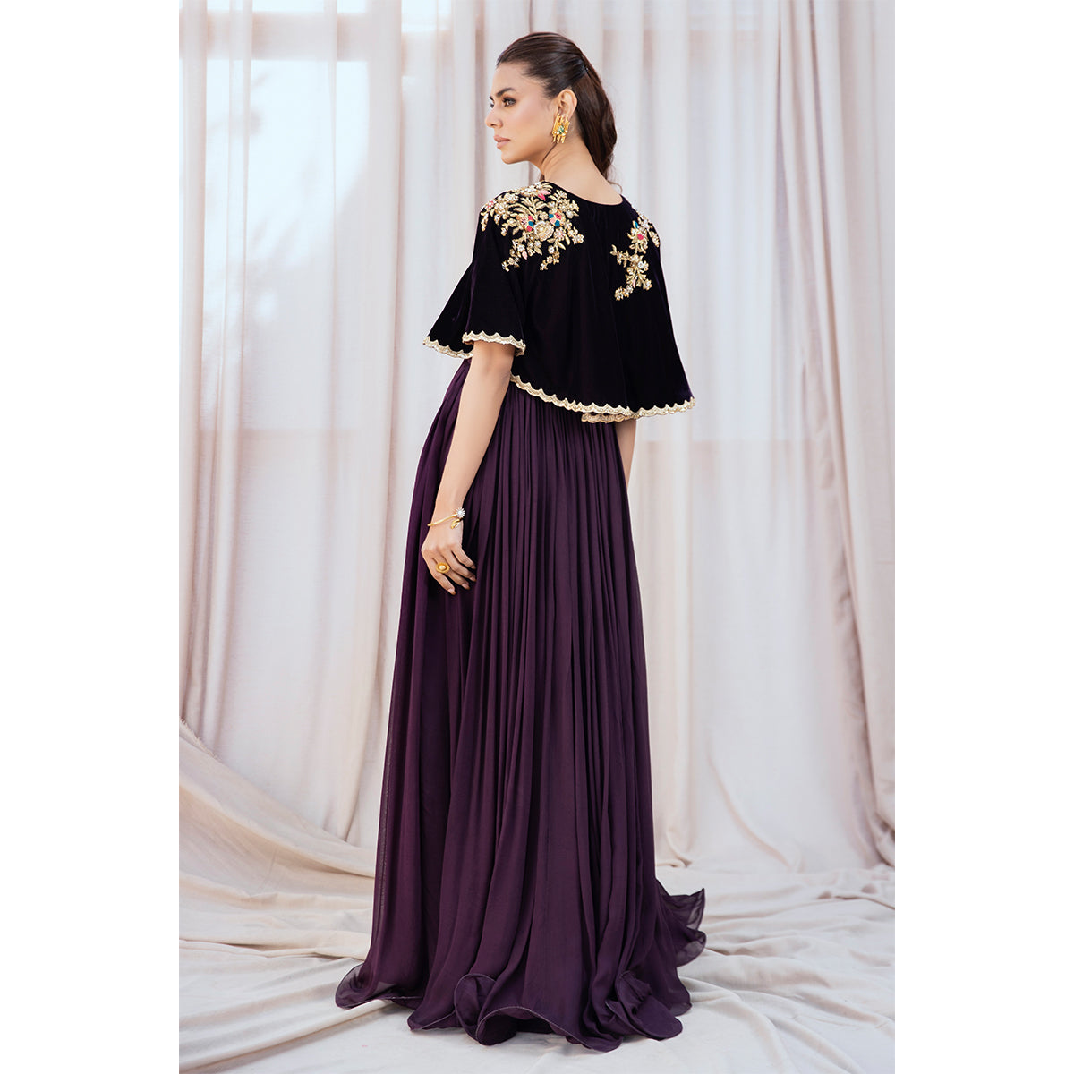 AYLA | Chiffon Pishwas Embellished French Velvet Cape