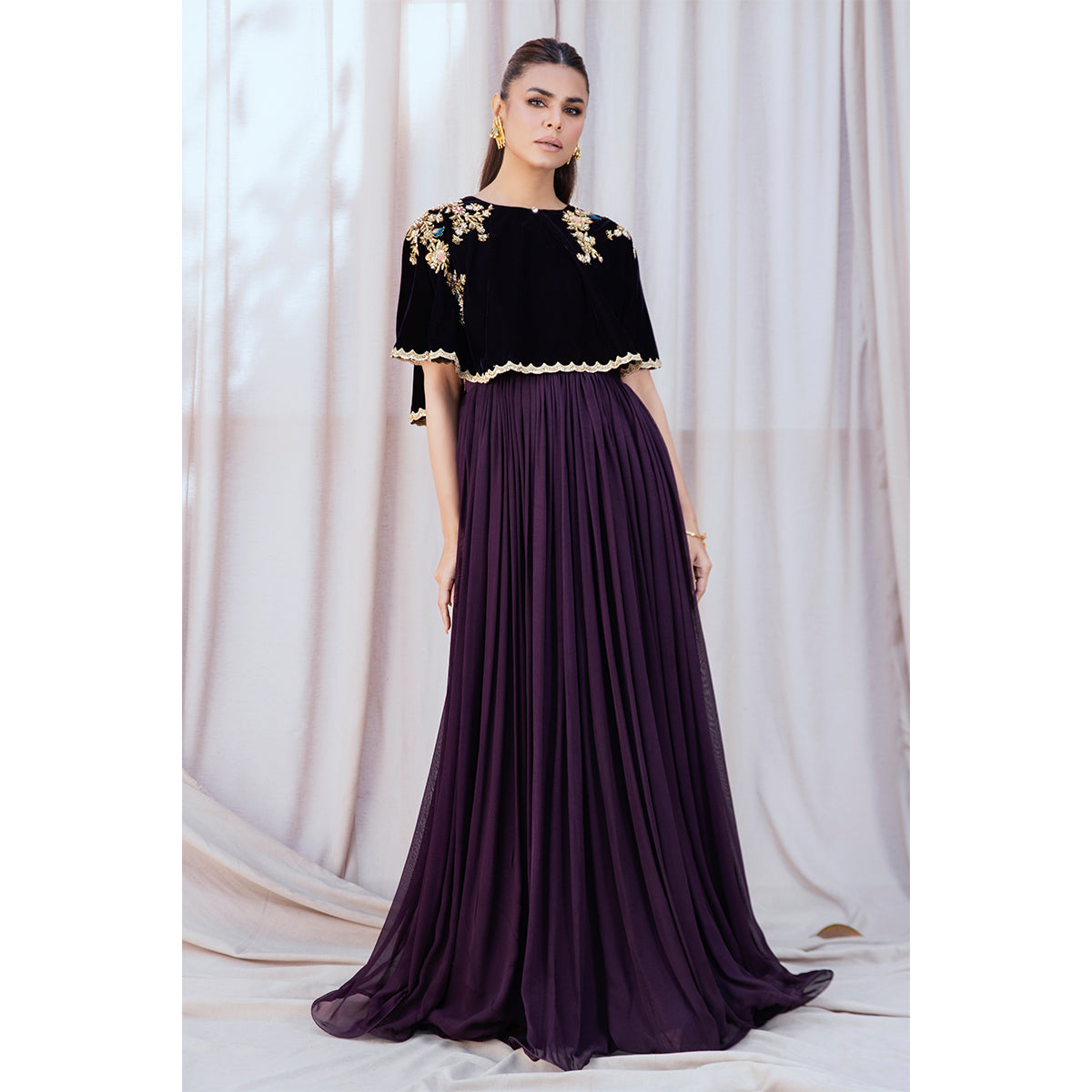 AYLA | Chiffon Pishwas Embellished French Velvet Cape