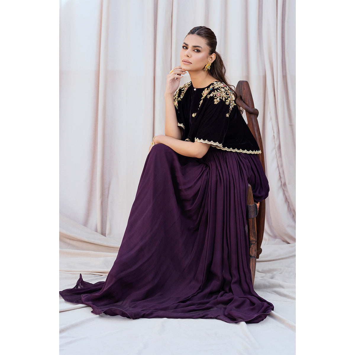 AYLA | Chiffon Pishwas Embellished French Velvet Cape
