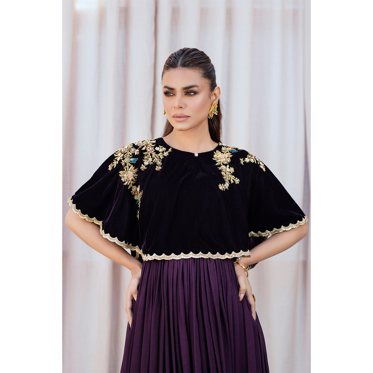 AYLA | Chiffon Pishwas Embellished French Velvet Cape