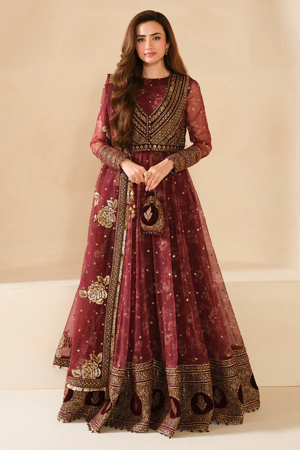 Sukhi | Maroon Embroidered Chiffon Velvet Maxi