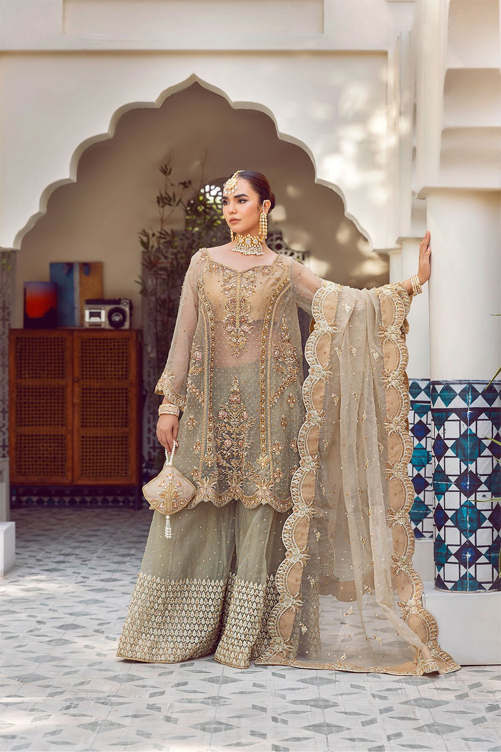 Ada | Dusty Green Organza Embellished Sharara