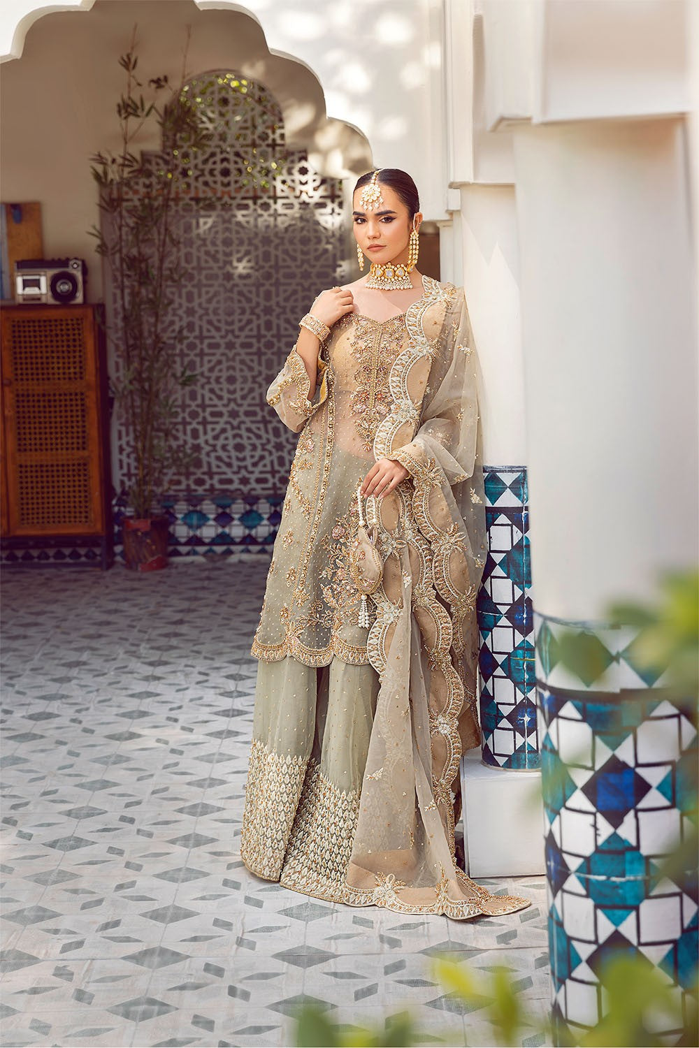 Ada | Dusty Green Organza Embellished Sharara