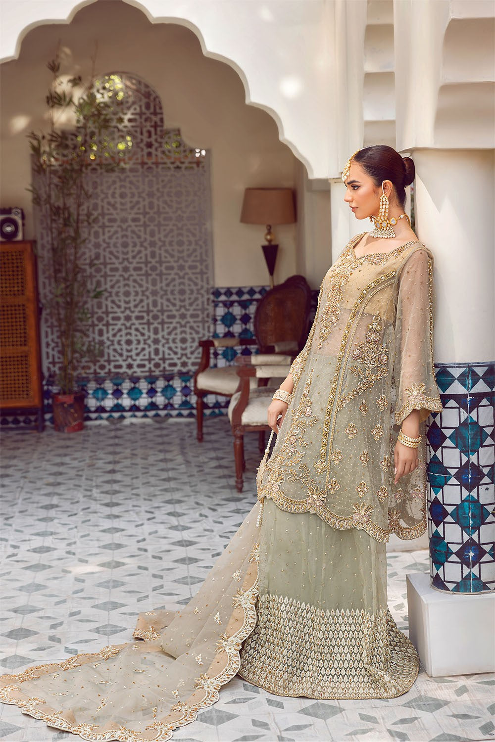 Ada | Dusty Green Organza Embellished Sharara