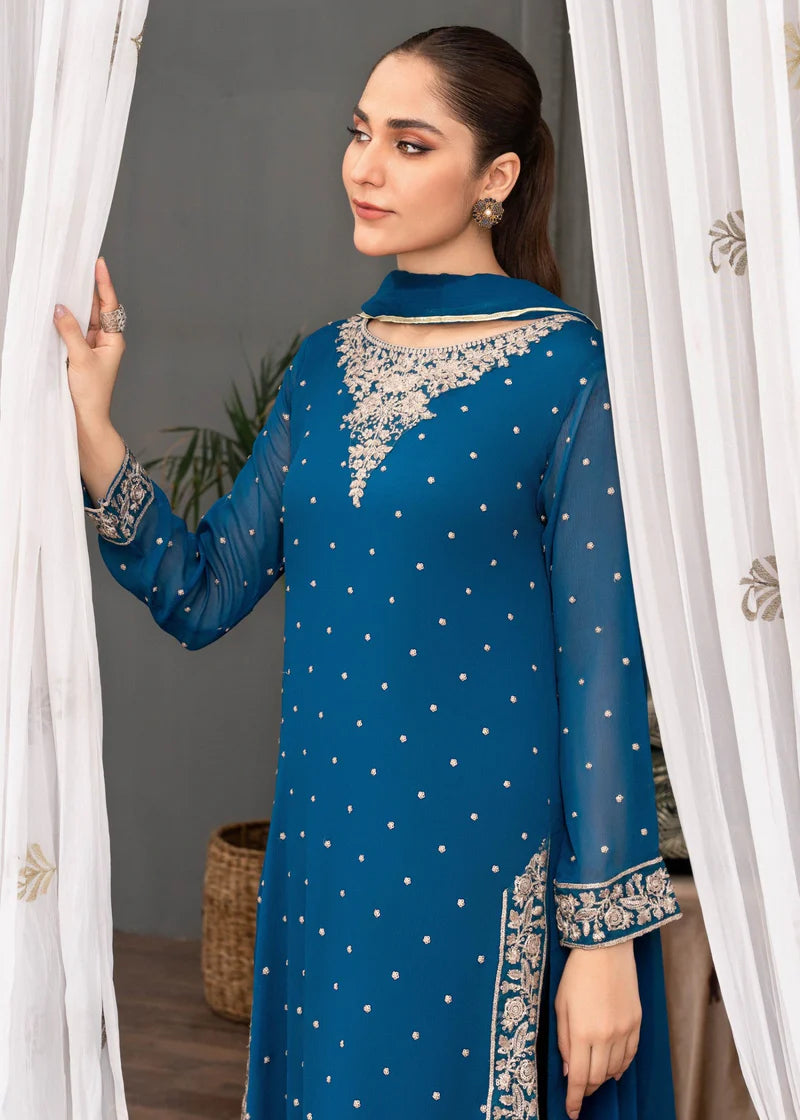 WARESHA | Blue Chiffon Embroidered Suit