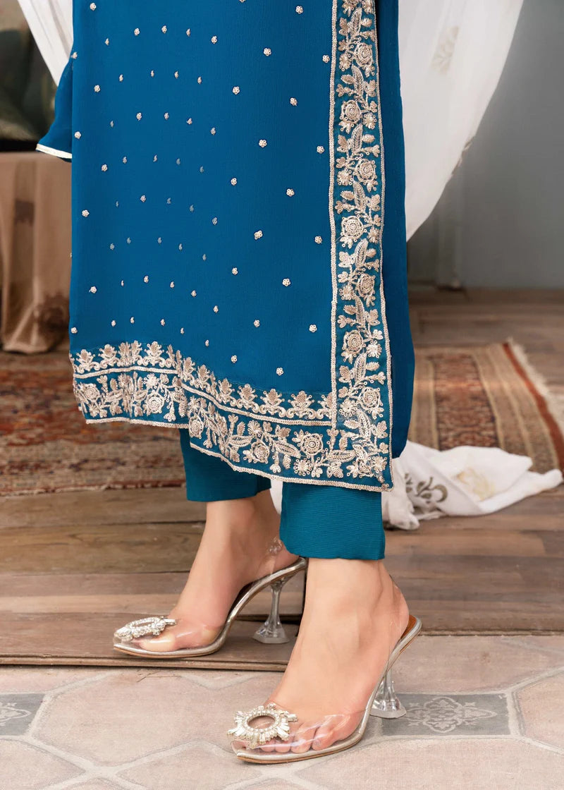 WARESHA | Blue Chiffon Embroidered Suit