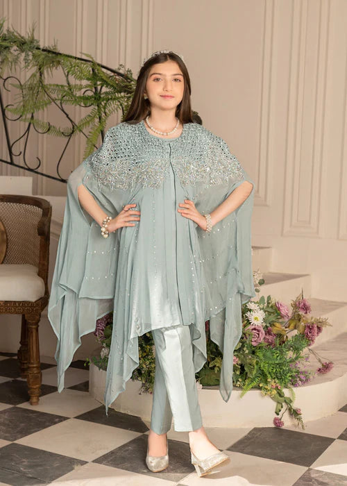 Zoya | Girls Ice Blue Chiffon Chikankari Cape