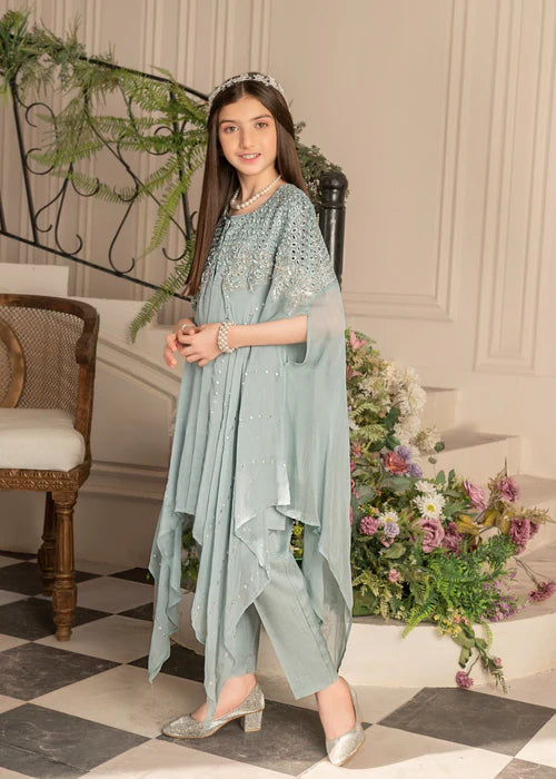 Zoya | Girls Ice Blue Chiffon Chikankari Cape