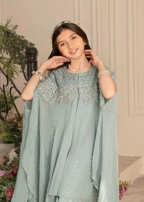 Zoya | Girls Ice Blue Chiffon Chikankari Cape