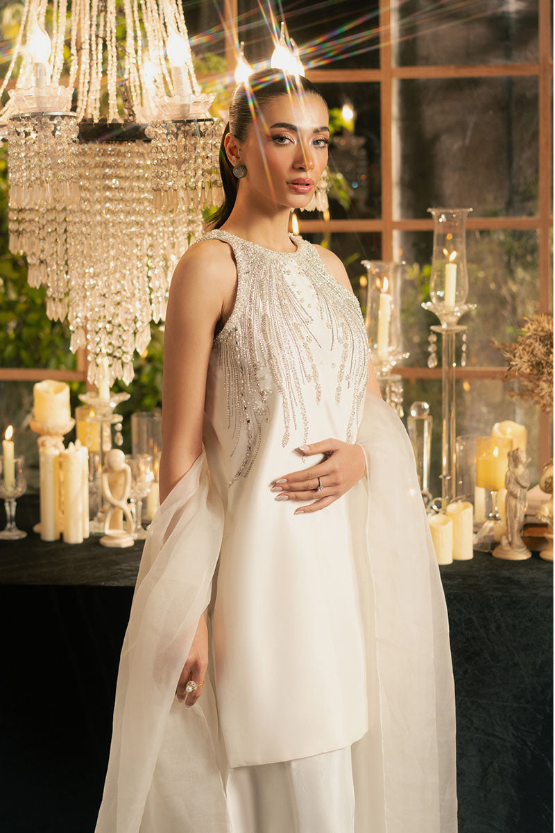 Alba | White Korean Silk Embellished Suit