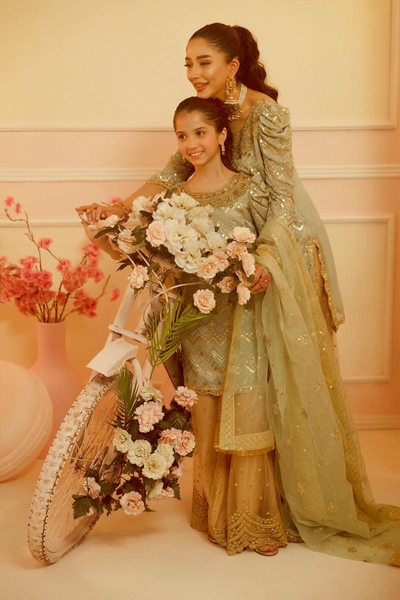 Nazish Mother Daughter Combo | Green Embellished Sharara
