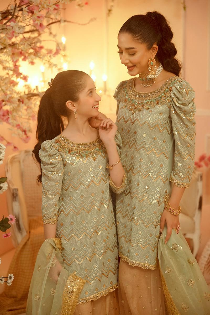 Nazish Mother Daughter Combo | Green Embellished Sharara