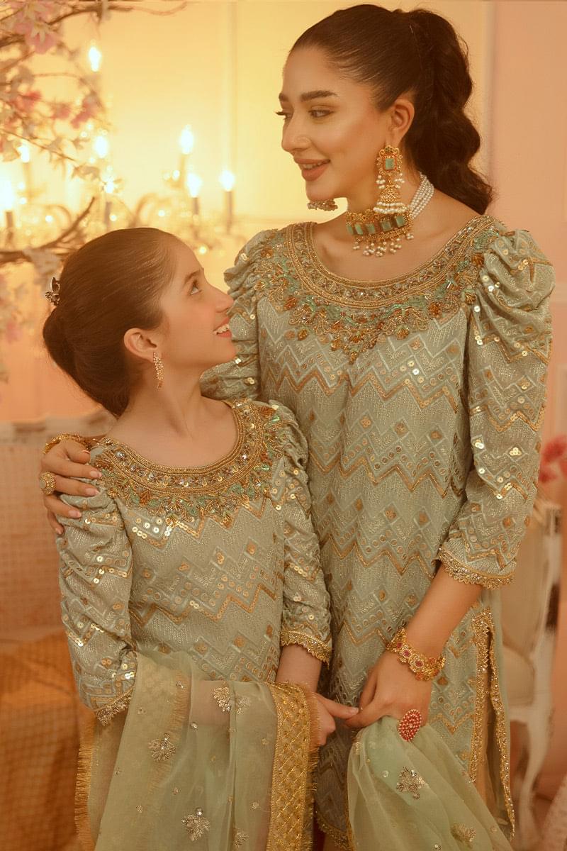Nazish Mother Daughter Combo | Green Embellished Sharara