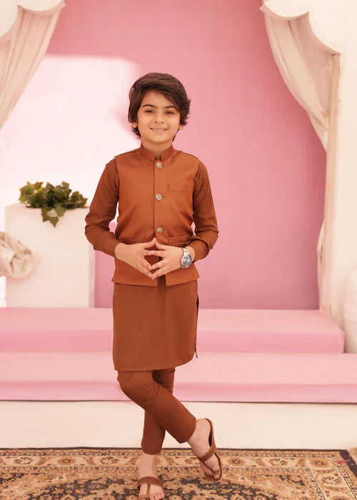 3 Piece | Boys Almond Brown Kurta Set