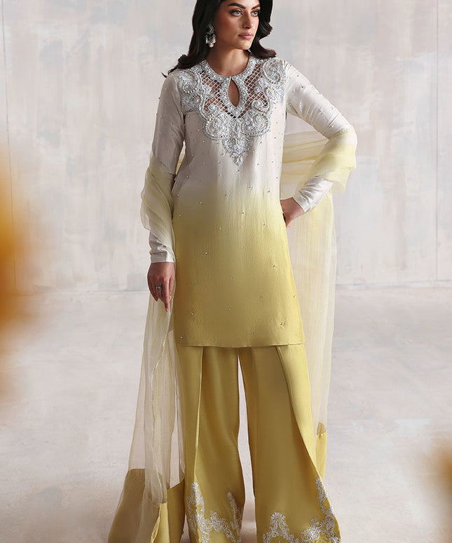 Areha | Yellow Korean Silk Embroidered Farshi Shalwar