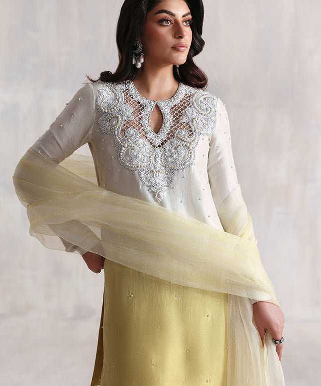 Areha | Yellow Korean Silk Embroidered Farshi Shalwar