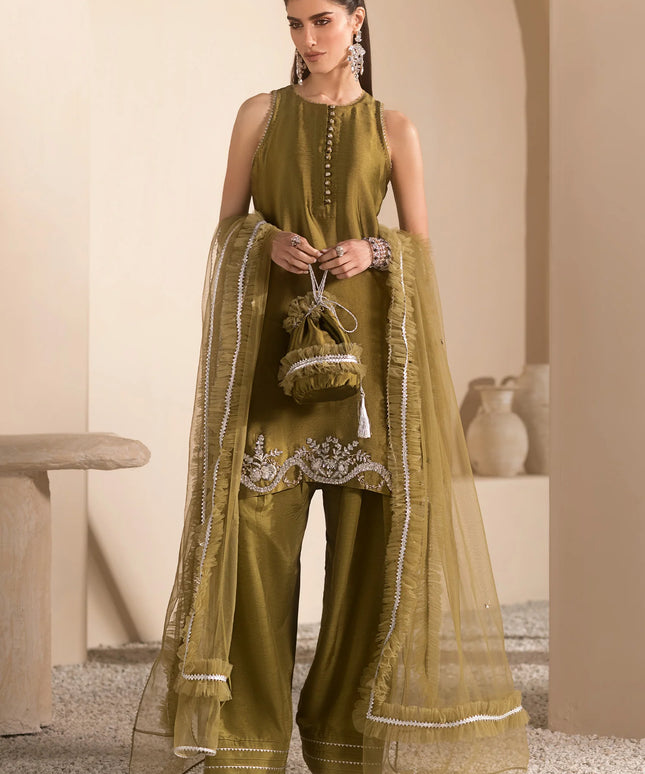 Autumn | Olive Green Pure Silk Embellished Farshi Shalwar Suit