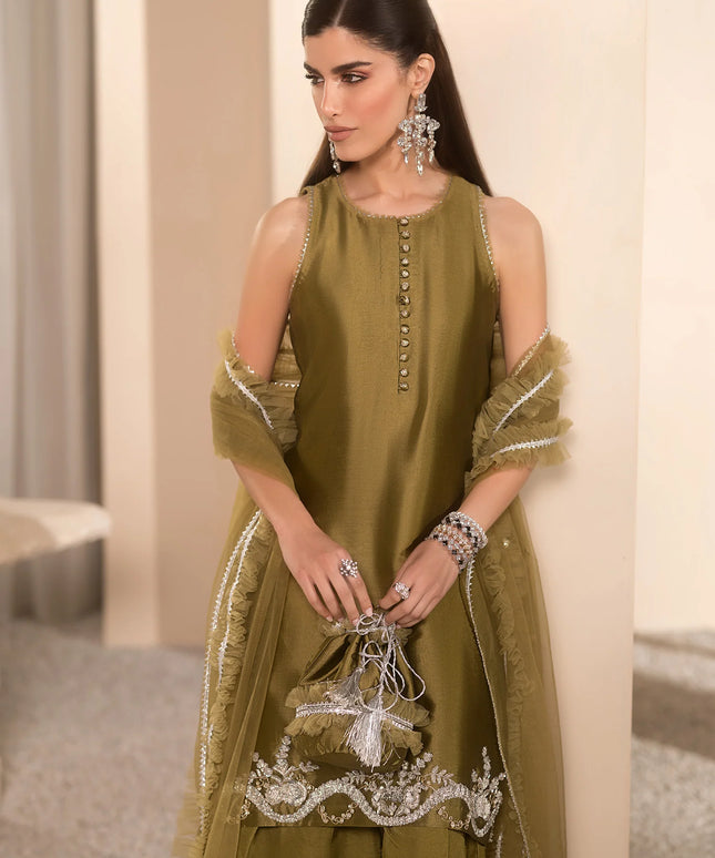 Autumn | Olive Green Pure Silk Embellished Farshi Shalwar Suit