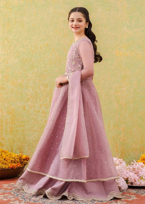 Haya | Girls Lilac Organza Embroidered Pishwas Lehenga
