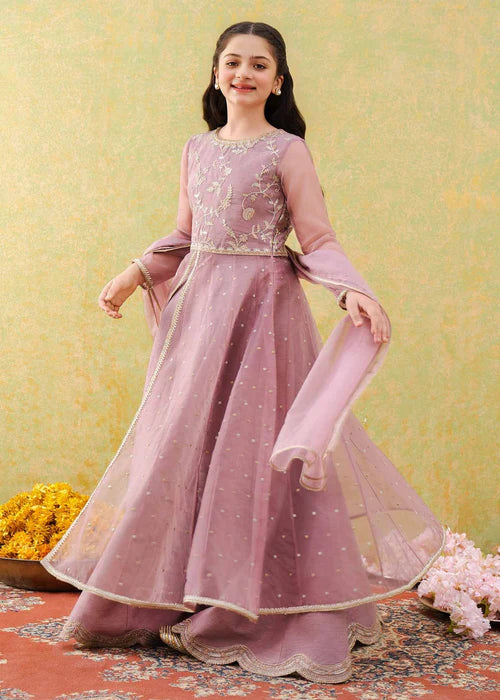 Haya | Girls Lilac Organza Embroidered Pishwas Lehenga