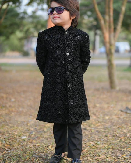 1 Piece | Boys Black Velvet Sequence Shervani