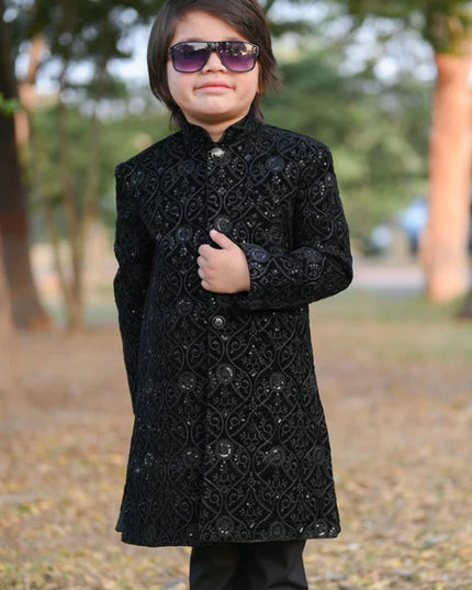 1 Piece | Boys Black Velvet Sequence Shervani