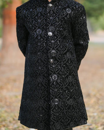 1 Piece | Boys Black Velvet Sequence Shervani