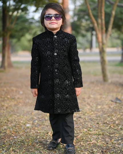 1 Piece | Boys Black Velvet Sequence Shervani