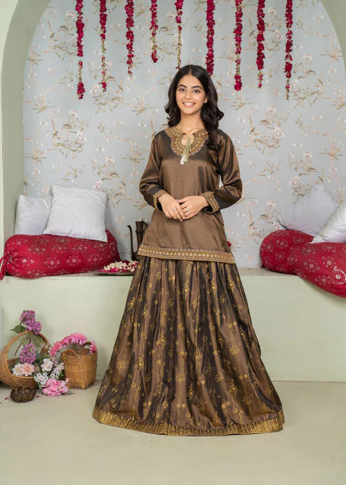 Naina | Girls Bronze Silk Embroidered Lehenga