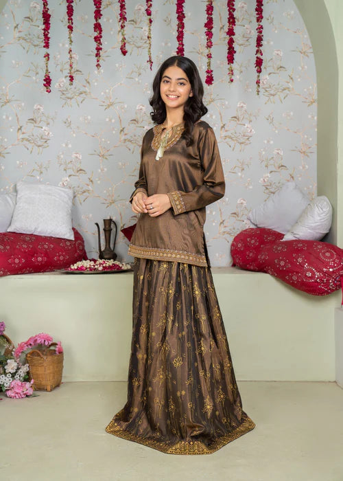 Naina | Girls Bronze Silk Embroidered Lehenga