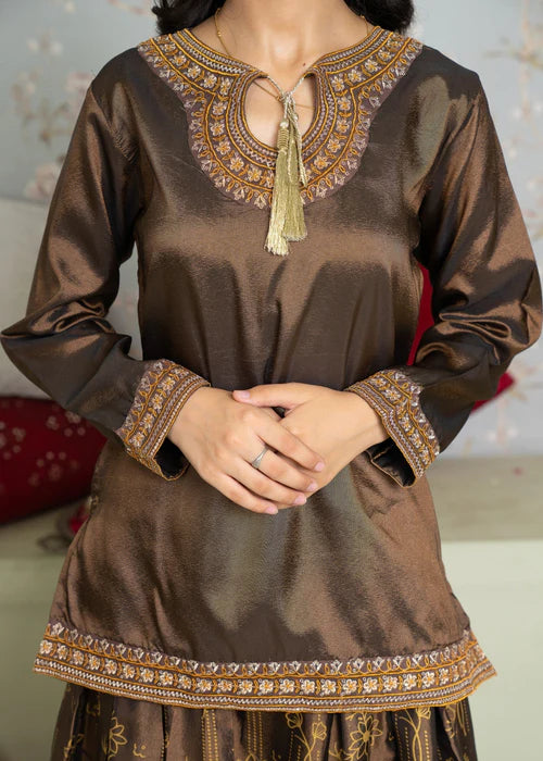 Naina | Girls Bronze Silk Embroidered Lehenga