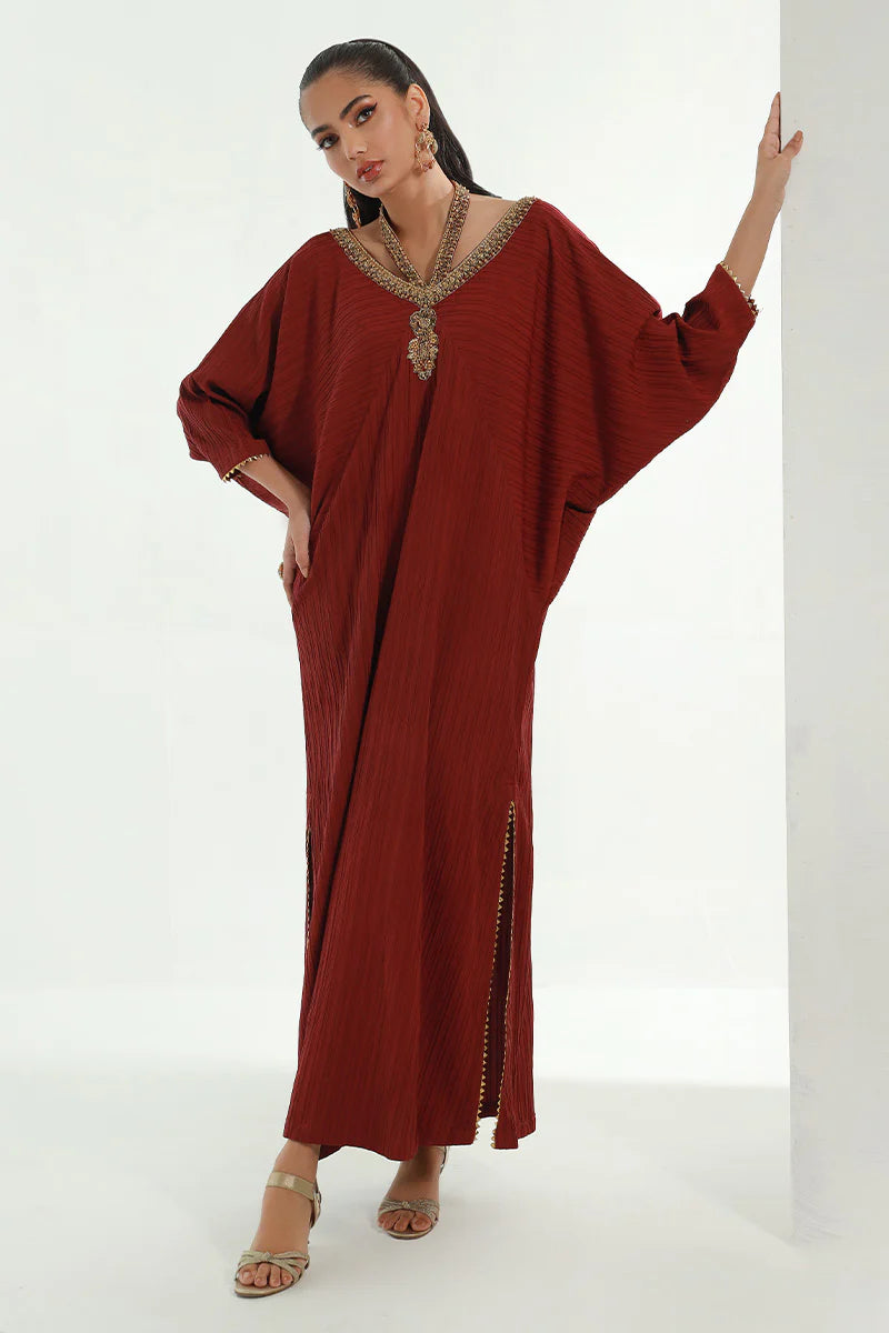 Nomani | Burgundy Embellished Kaftan