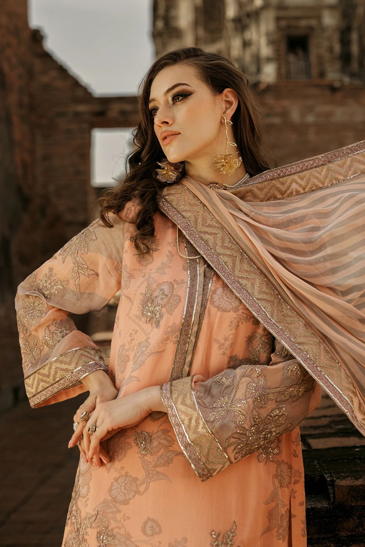 Charizma | Peach Embroidered Chiffon Suit