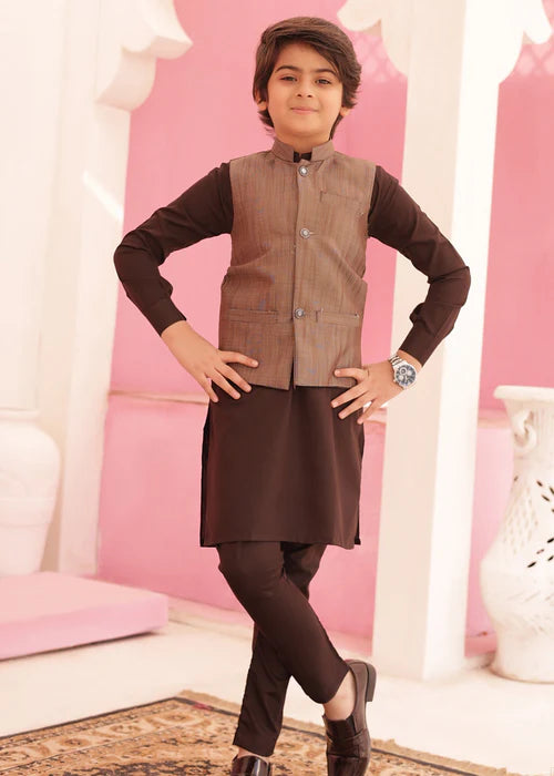 3 Piece | Boys Classic Brown Waistcoat and Kurta with Trousers