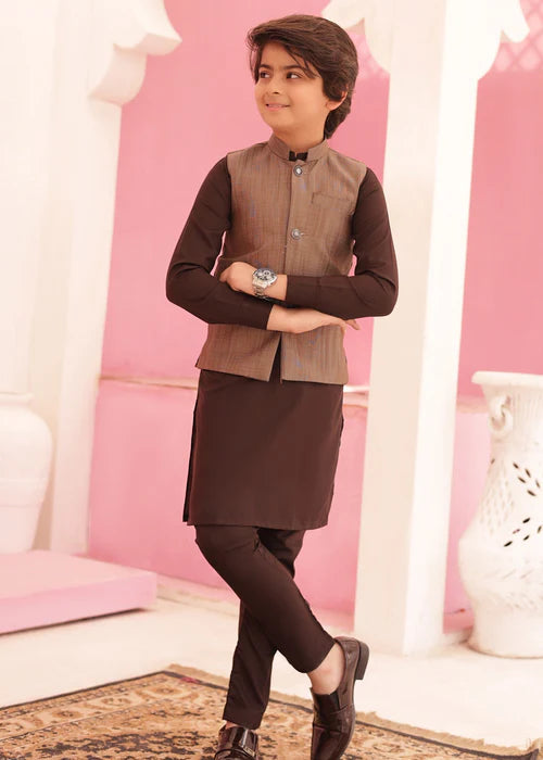 3 Piece | Boys Classic Brown Waistcoat and Kurta with Trousers