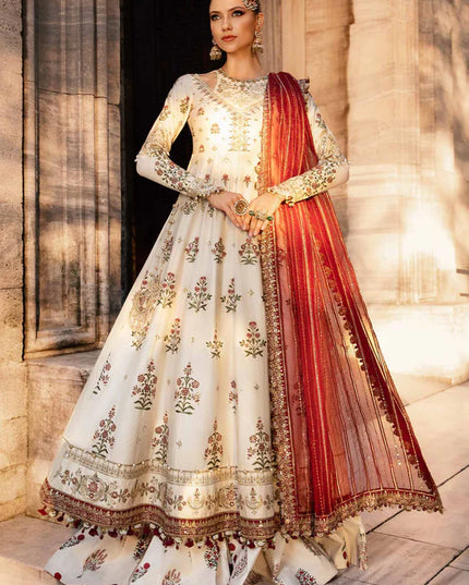 Maria B | Ivory Embroidered Cotton Satin Peshwas Lehenga